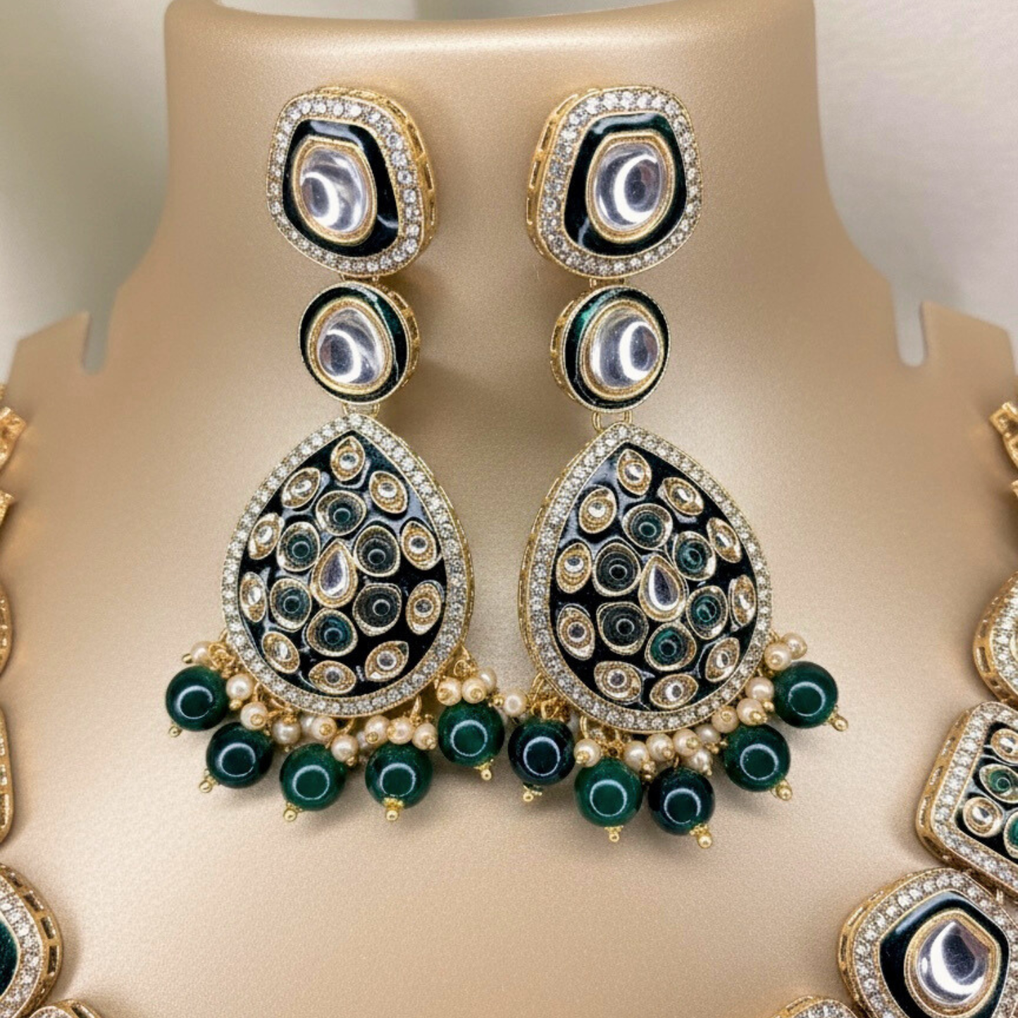Green Bead Kundan Necklace Set
