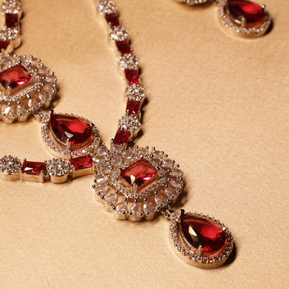 Red Long Triple Layer Necklace & Earring