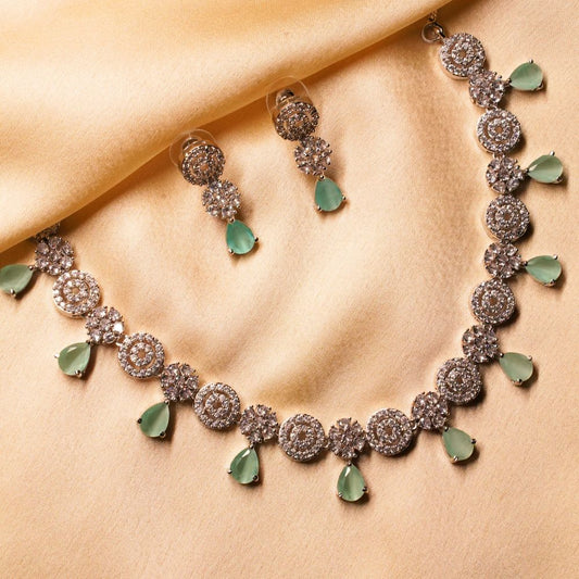 Handcrafted Brass Artificial Green Beads Necklace & Earrings